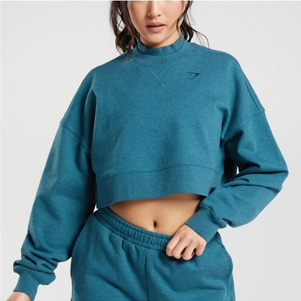 GYMSHARK Rest Day Sporty Sweats Crop Pullover Sweater - Steel Blue Marl Size L